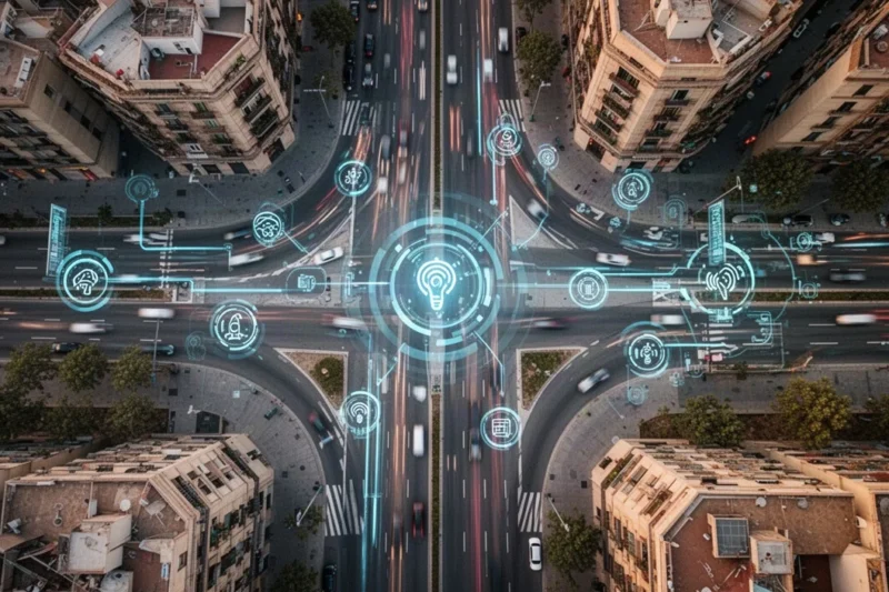 Vista aérea de las carreteras urbanas de Barcelona con indicadores tecnológicos