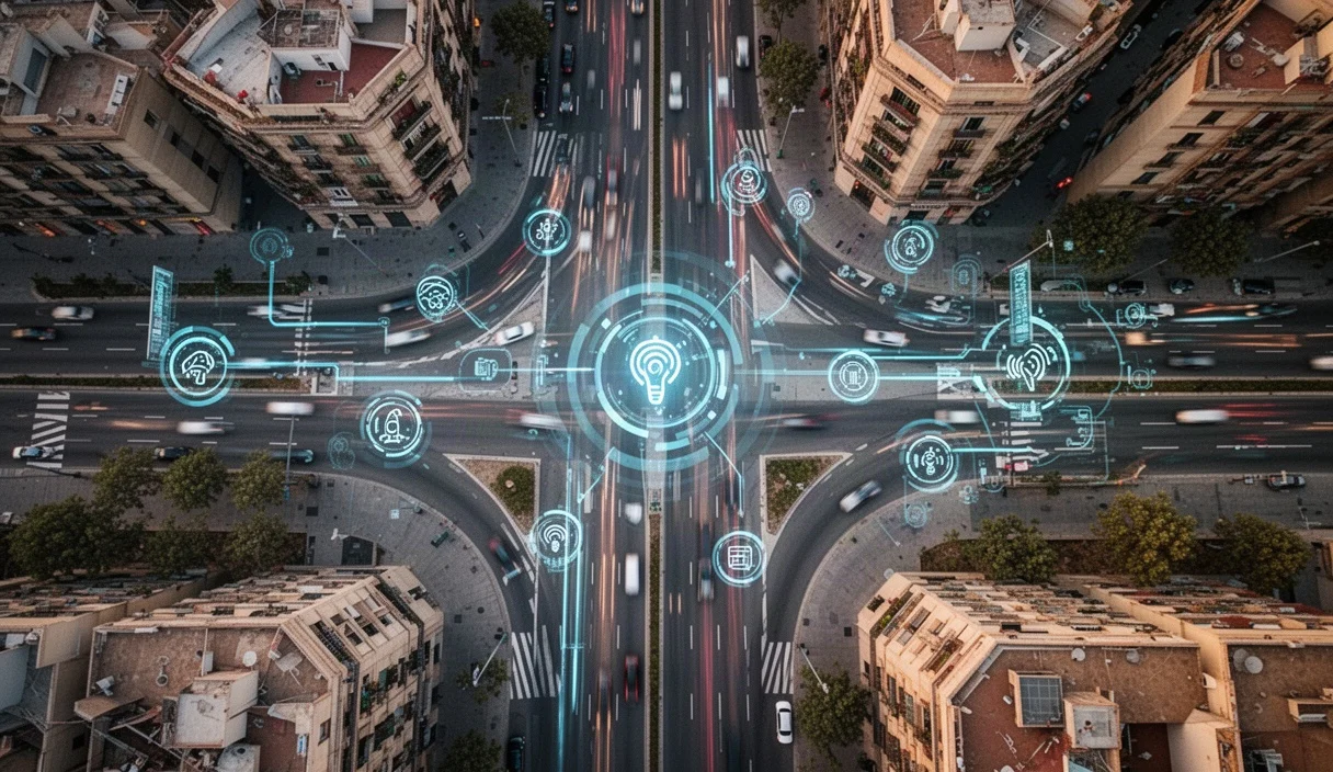 Vista aérea de las carreteras urbanas de Barcelona con indicadores tecnológicos