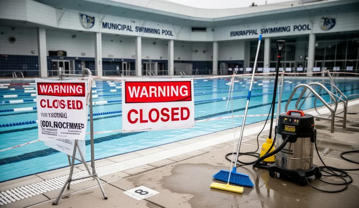 Piscina municipal cerrada con señales de advertencia y equipo de limpieza