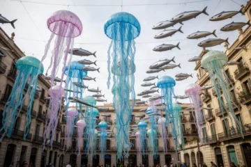 Decoración marina vibrante en la plaza Rovira durante las fiestas