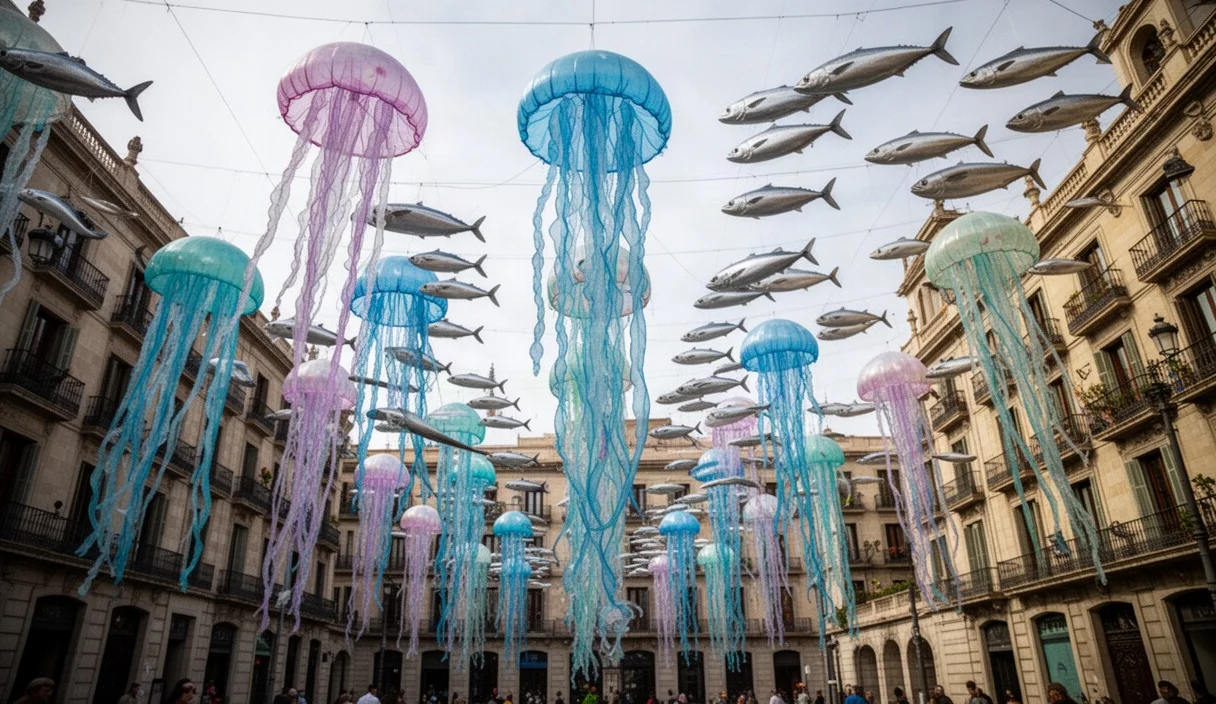 Colorful marine-themed decorations hanging in Plaza Rovira during Fiestas de Gràcia