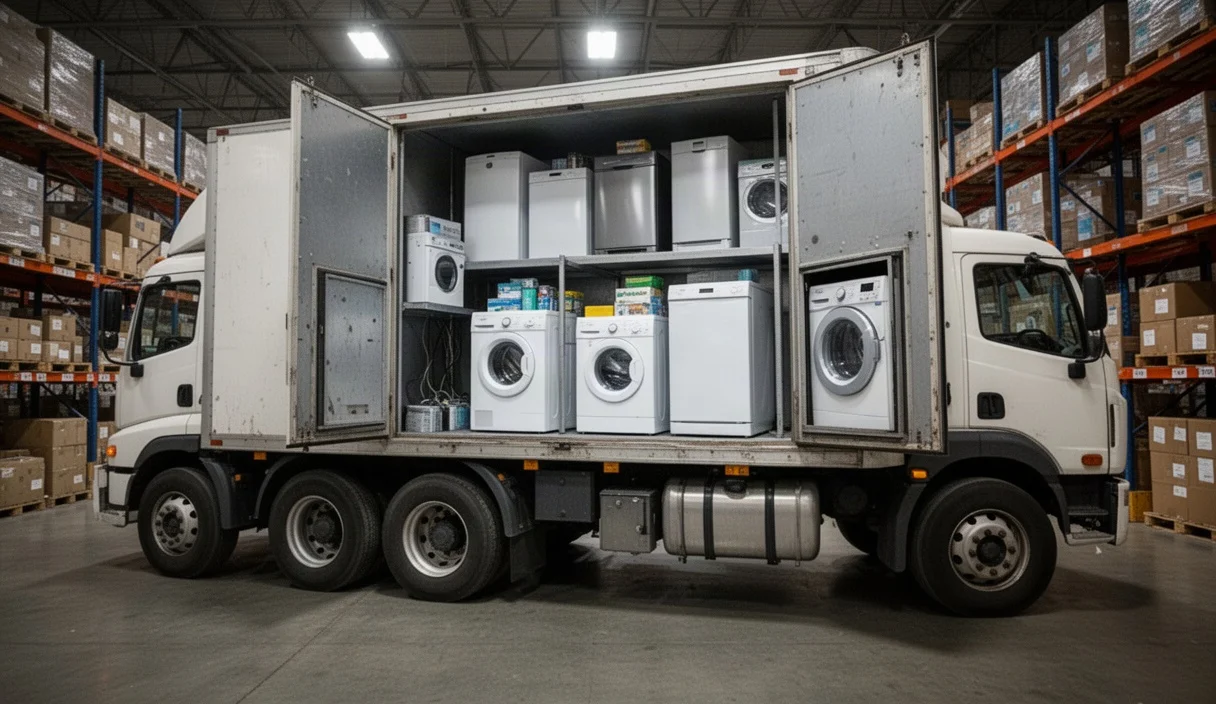 Truck filled with second-hand appliances at a highway service area