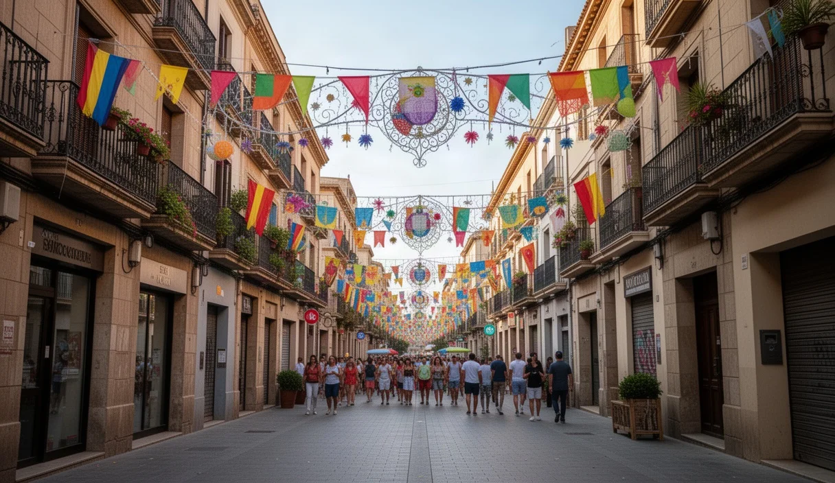 Preparations for Santa Coloma's summer festival with festive decorations