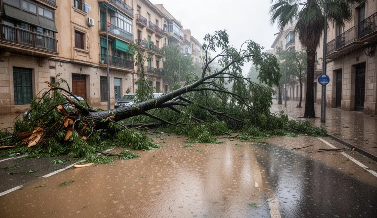 Storm damage in Tarragona showing fallen trees and debris