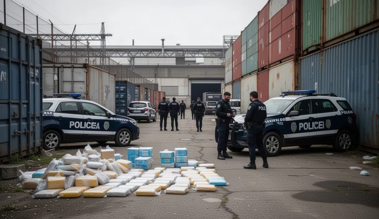 Escena policial durante una operación antidrogas en una nave industrial