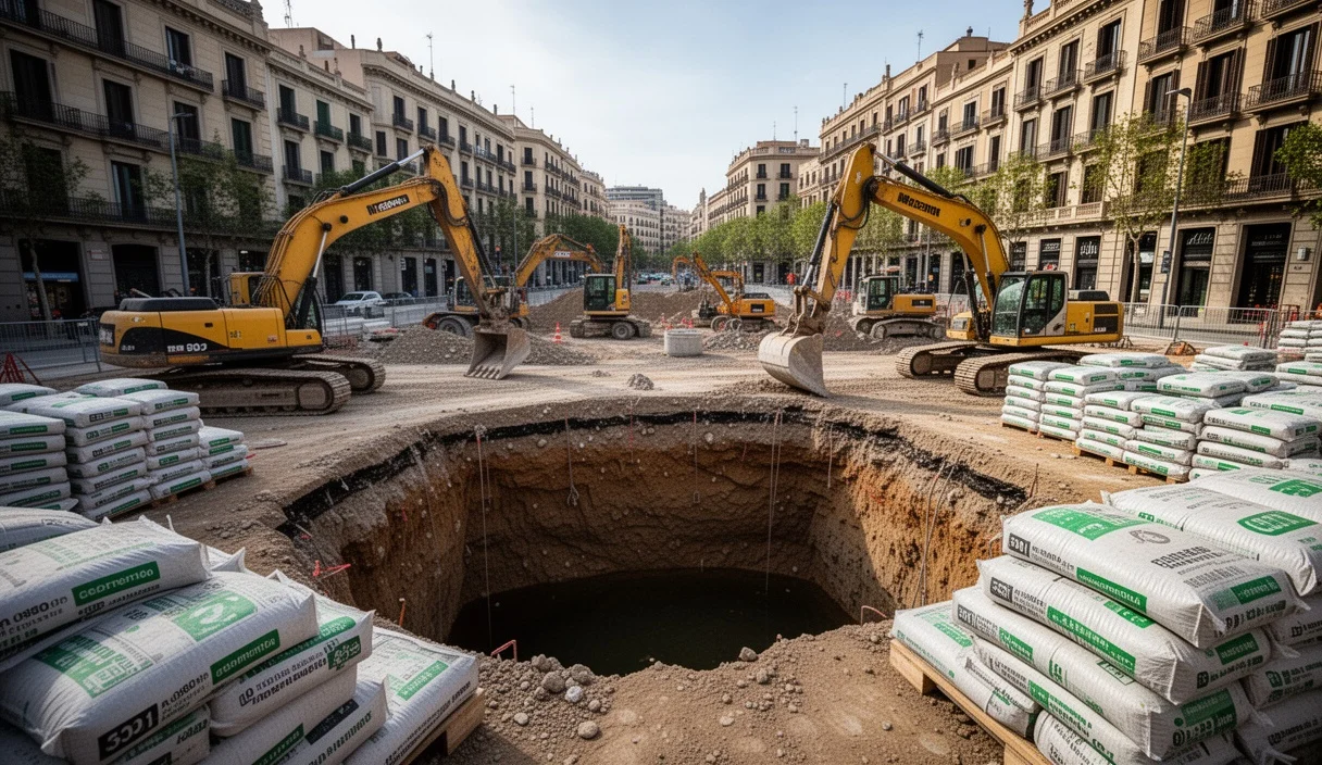 Construction site showing ground instability near residential buildings in Barcelona