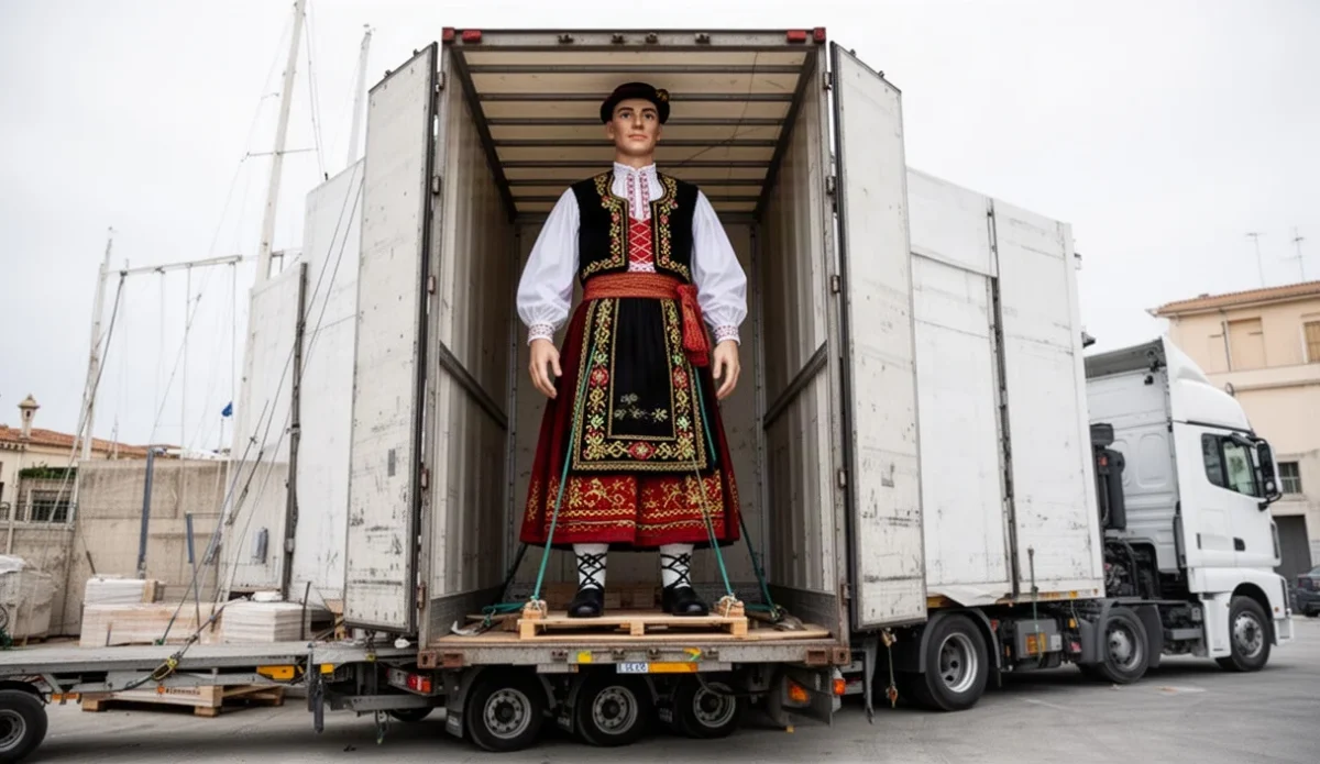A vibrant traditional giant figure ready for transport before an event