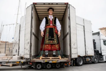 A vibrant traditional giant figure ready for transport before an event