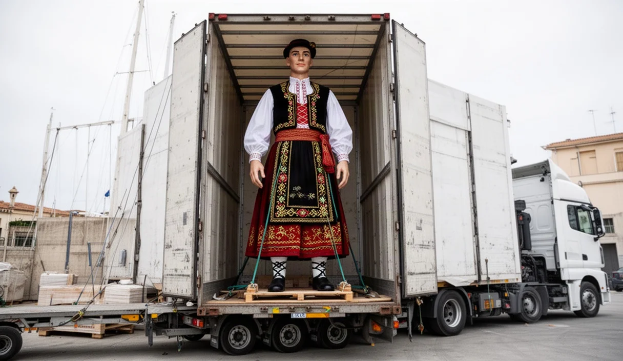 A vibrant traditional giant figure ready for transport before an event