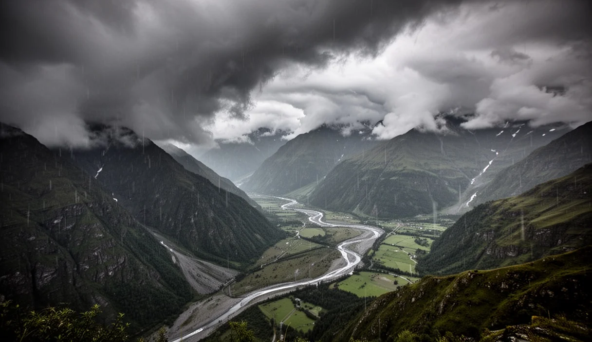 Storm clouds over mountainous terrain indicating severe weather conditions