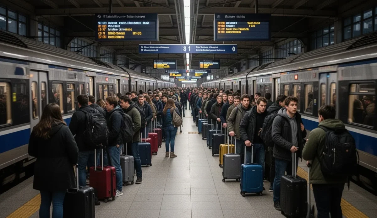 Estación abarrotada con largas colas tras el eclipse solar