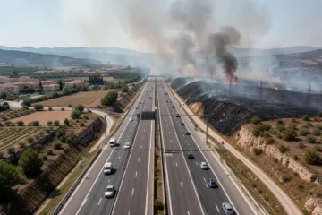 Vista aérea de la autopista AP-7 cerca de Gelida con humo del incendio