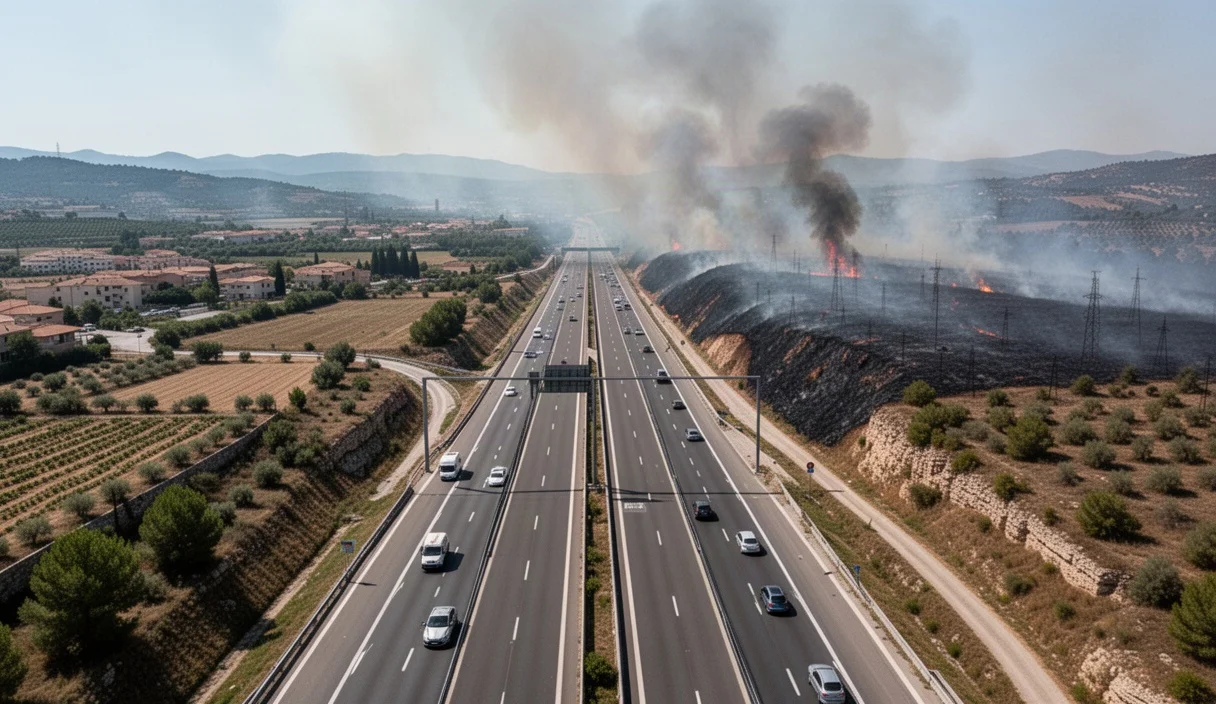 Vista aérea de la autopista AP-7 cerca de Gelida con humo del incendio
