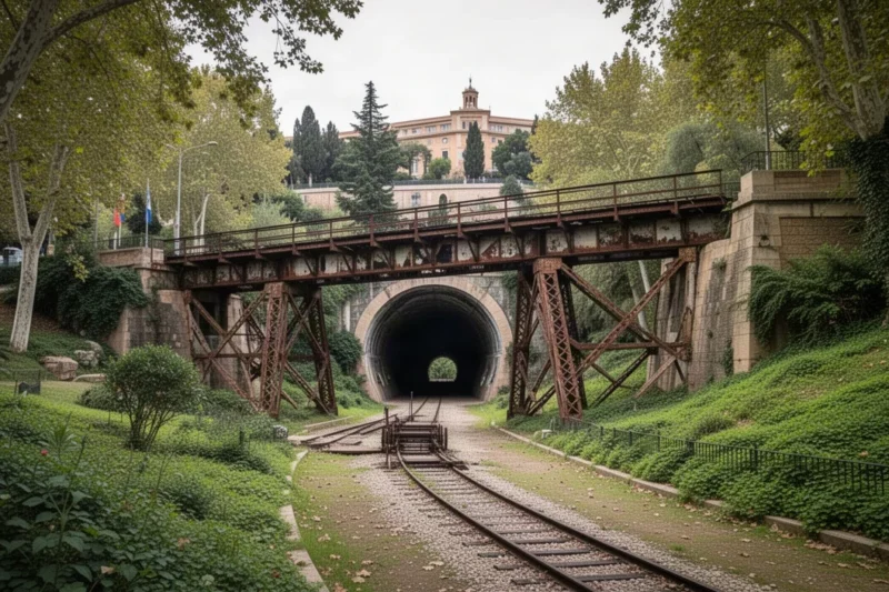 Restos visibles del antiguo tren en Montjuïc entre vegetación