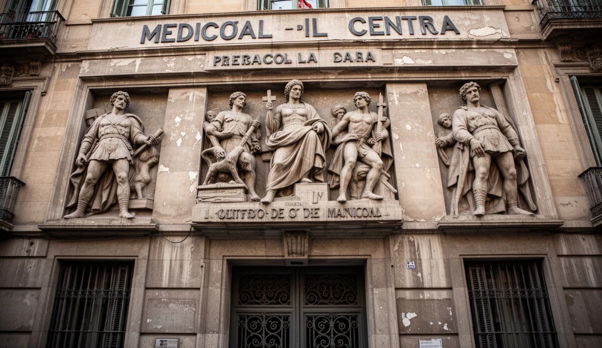 Fachada del ambulatorio en Sant Andreu con esculturas históricas