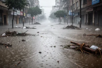 Flooded street scene following a severe storm in Tarragona