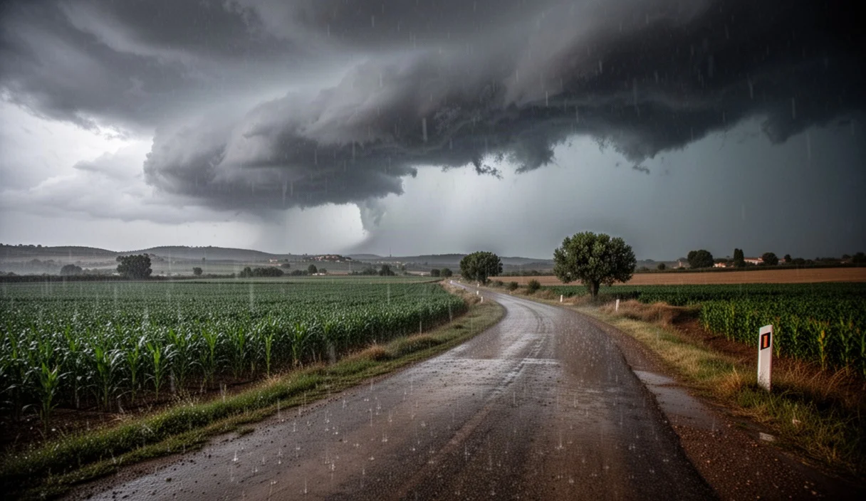 Tormenta intensa sobre campos rurales en Catalunya con lluvia fuerte