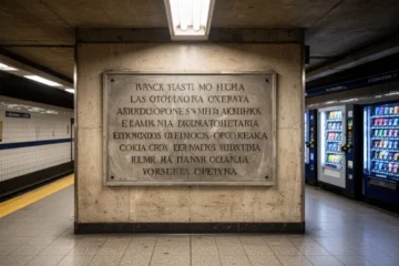 Placa con inscripciones latinas ubicada en la estación Espanya del metro