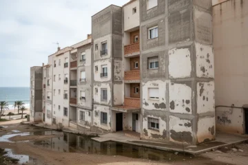 New residential building exhibiting visible damage near coastal area
