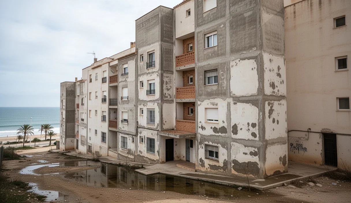 Promoción reciente de vivienda pública con signos visibles de deterioro