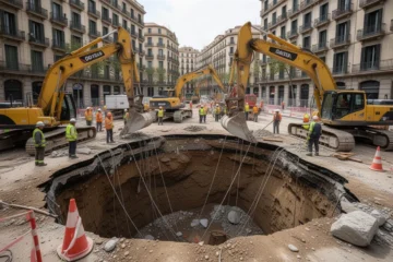 Obras en curso por el socavón en Putxet con maquinaria pesada