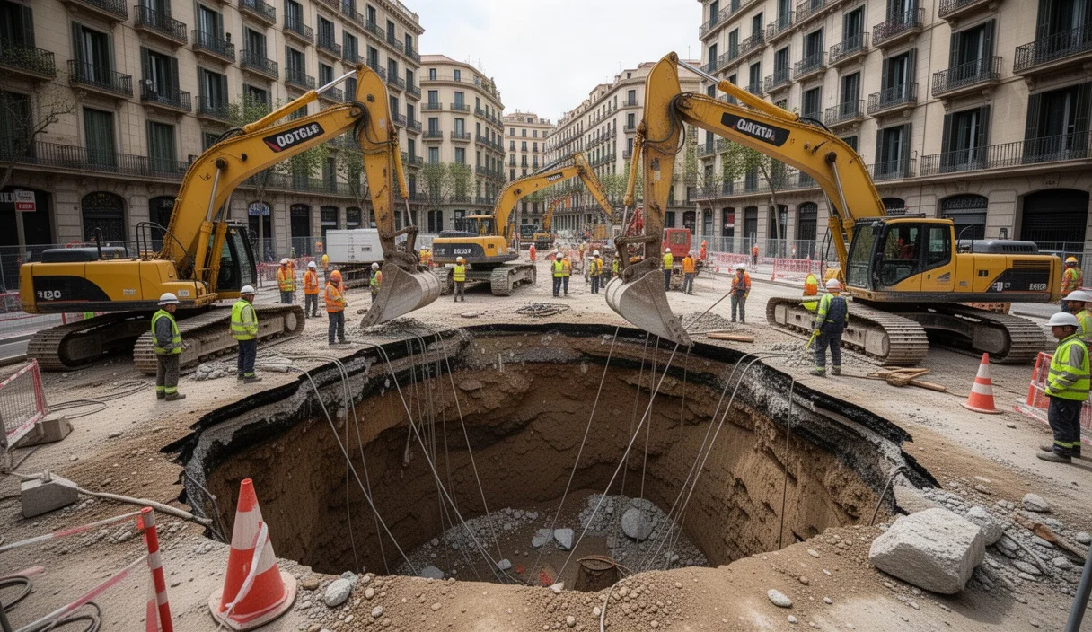 Obras en curso por el socavón en Putxet con maquinaria pesada