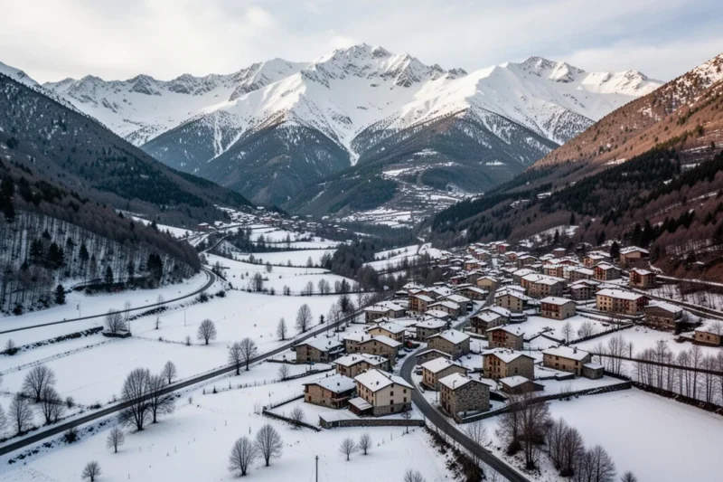 Vista aérea del valle con montañas nevadas y casas tradicionales