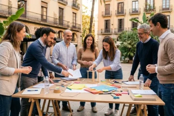 Equipo de trabajo participando en una actividad de team building en Barcelona