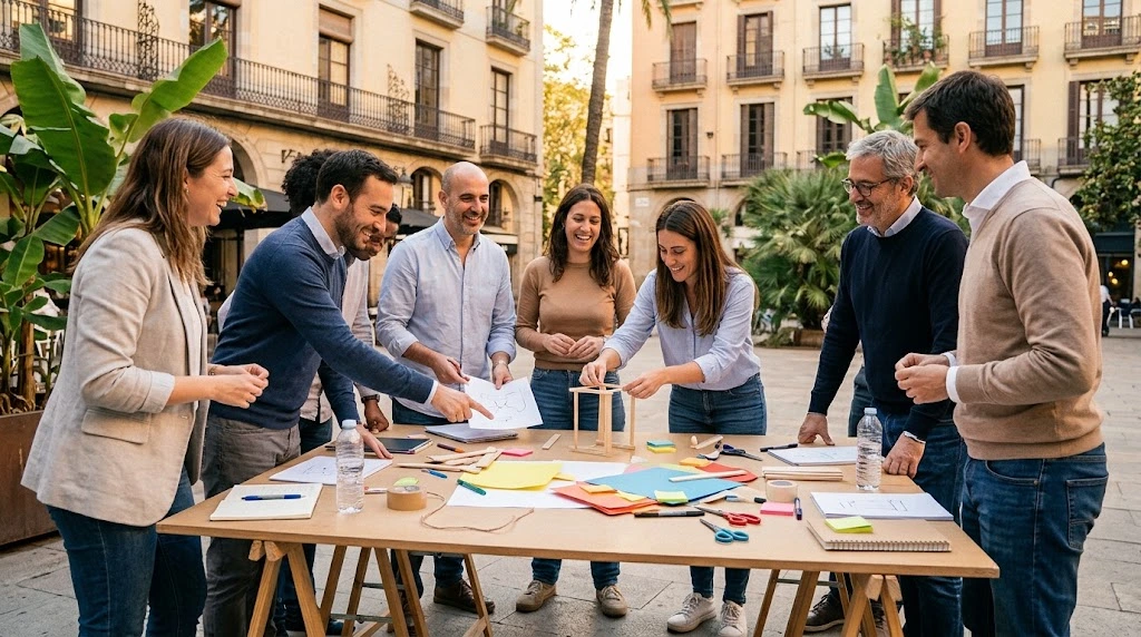 Equipo de trabajo participando en una actividad de team building en Barcelona