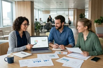Evaluación 360 del desempeño en una reunión de trabajo con plantilla digital.