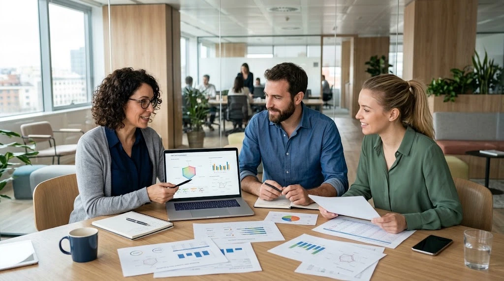 Evaluación 360 del desempeño en una reunión de trabajo con plantilla digital.