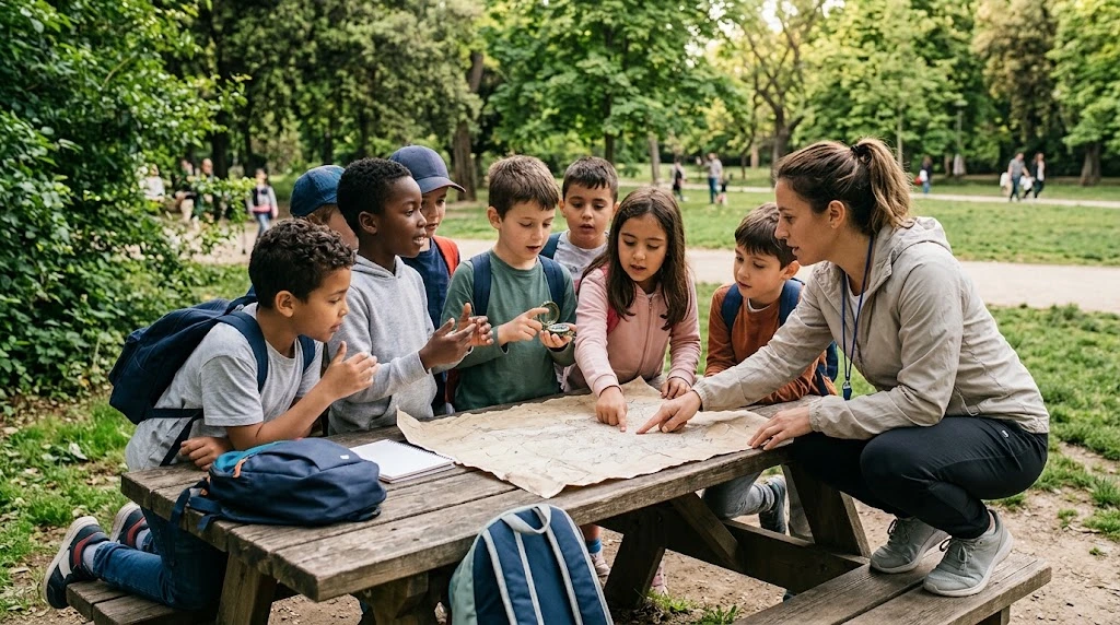 Niños realizan una actividad educativa de orientación en un parque junto a una monitora