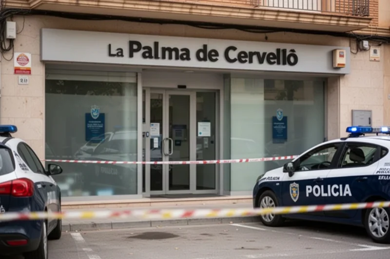 Vista exterior del banco Caixabank tras un atraco armado en La Palma de Cervelló.