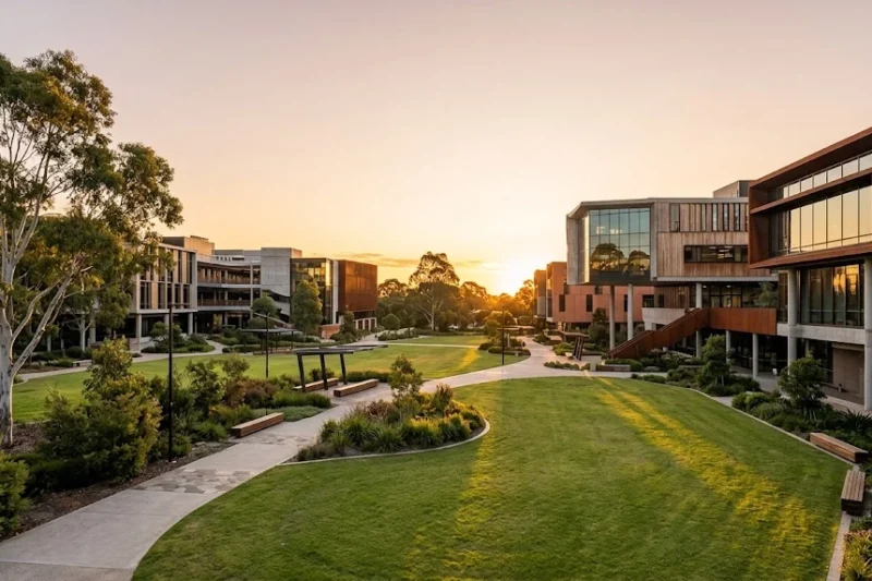 Campus educativo moderno en Australia con jardines y luz de atardecer