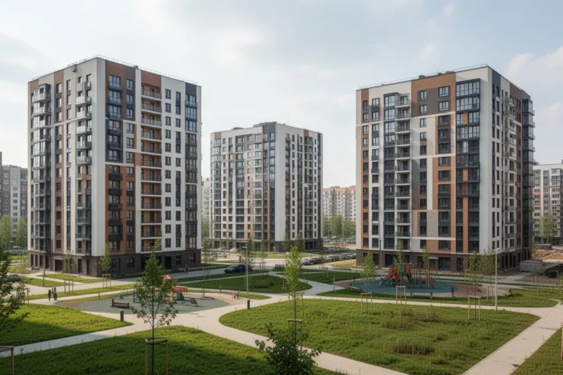 Edificios modernos de vivienda pública recién construidos en Badalona