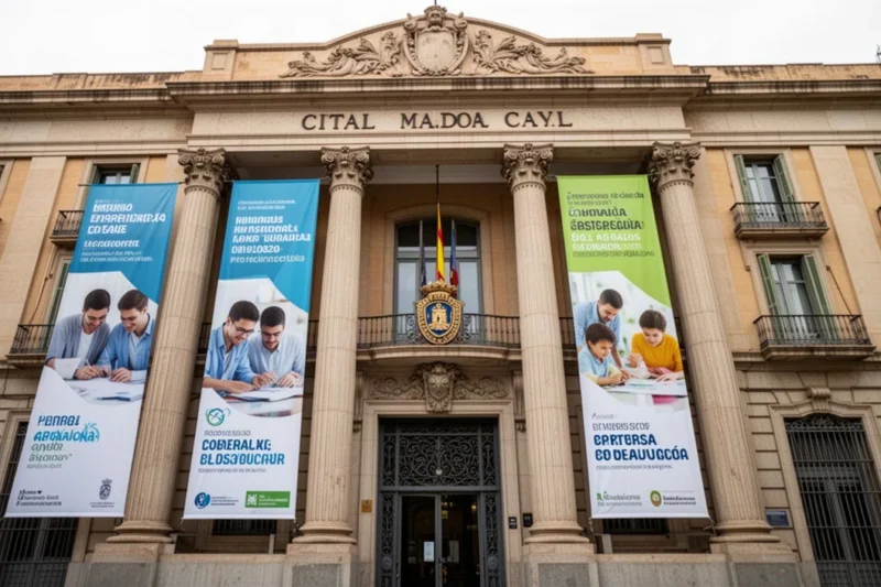Edificio del Ayuntamiento de Badalona con carteles sobre programas laborales