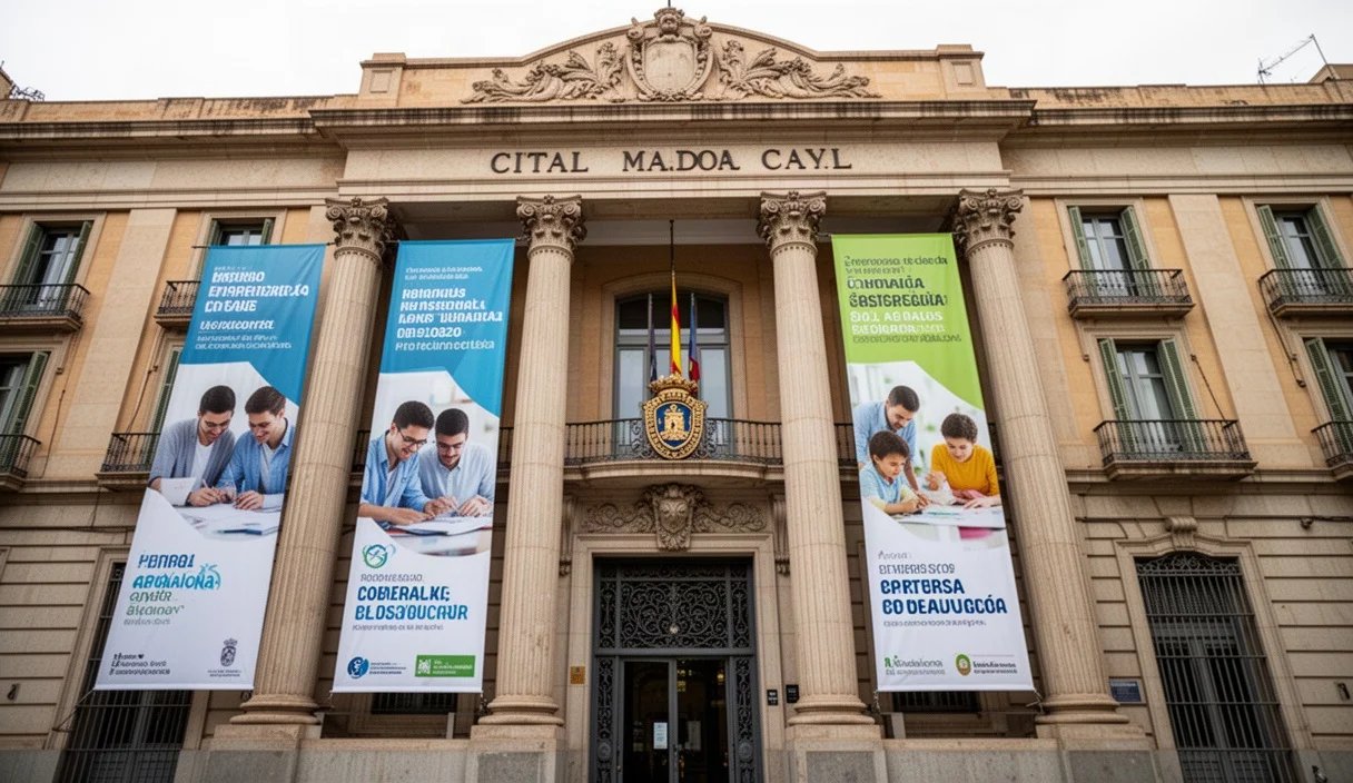 Edificio del Ayuntamiento de Badalona con carteles sobre programas laborales