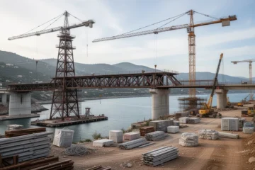 Construction scene of Pont del Petroli showing cranes and ongoing repair work