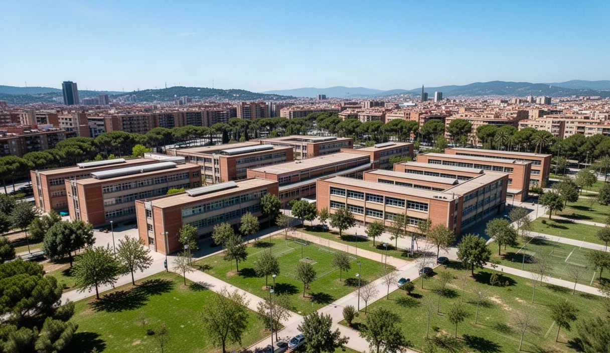 Vista aérea de escuelas en Barcelona rodeadas por espacios verdes bajo cielos despejados