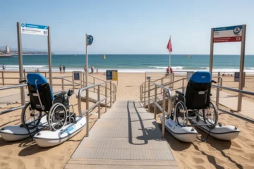 Accessible beach area in Barcelona showing walkways and shaded spots