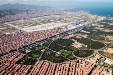 Vista aérea de Barcelona mostrando áreas urbanas cercanas al aeropuerto