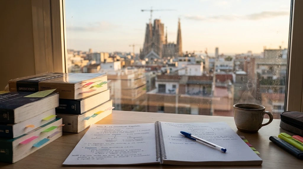 Un escritorio de estudio iluminado por luz cálida de ventana, con apuntes abiertos