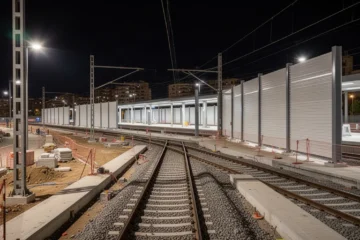 Obras nocturnas en la estación ferroviaria de Castelldefels con pantallas acústicas