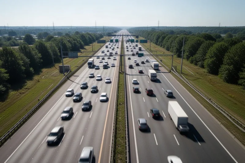 Vista aérea de una autopista sin cabinas de peaje llena de vehículos