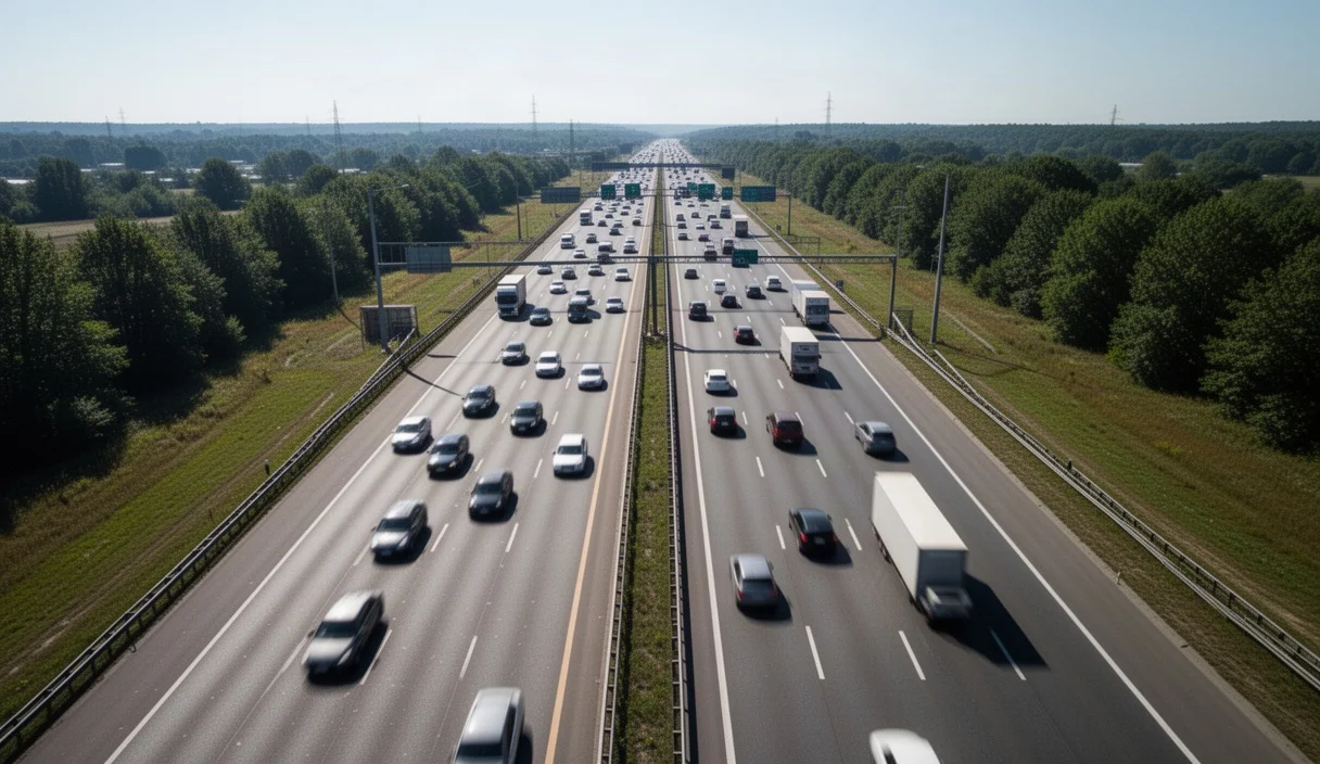 Vista aérea de una autopista sin cabinas de peaje llena de vehículos