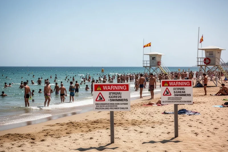 Playa abarrotada en Catalunya con señales de advertencia para nadadores