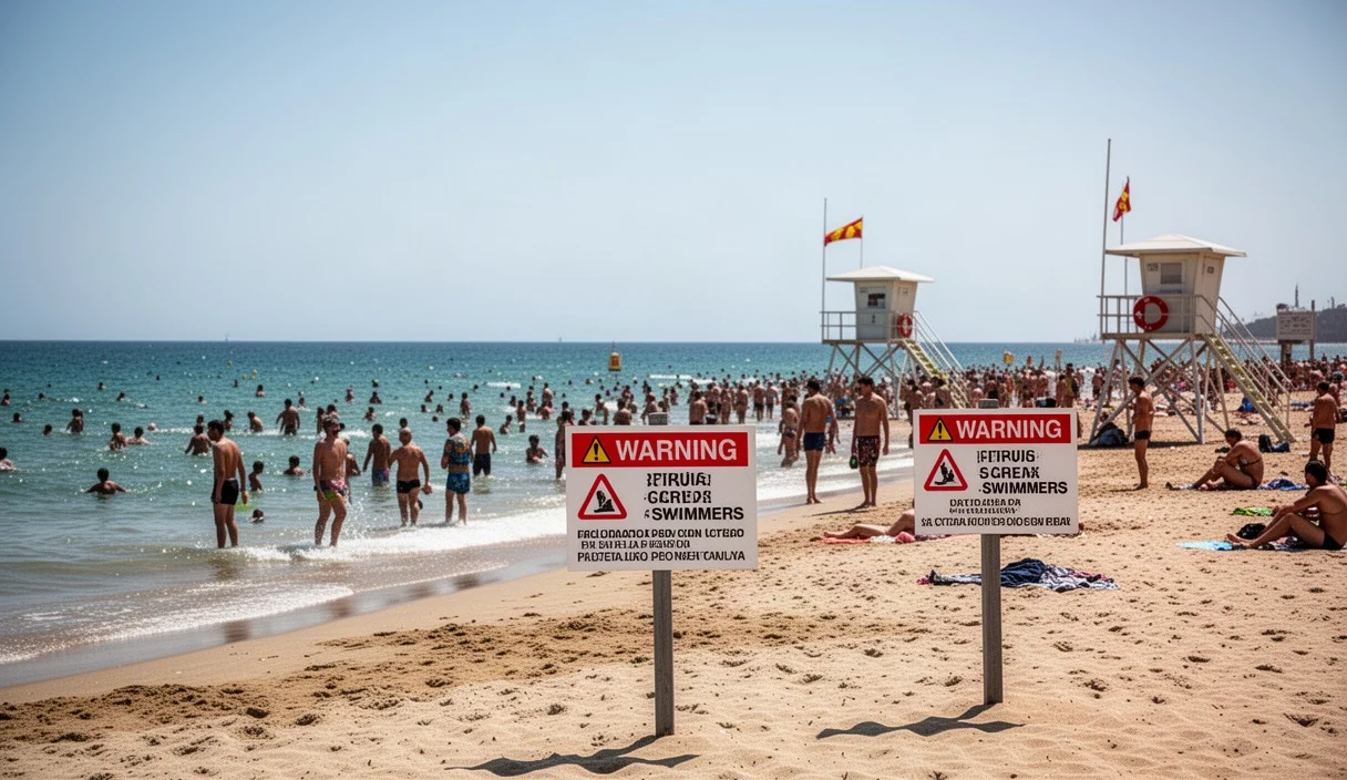 Playa abarrotada en Catalunya con señales de advertencia para nadadores