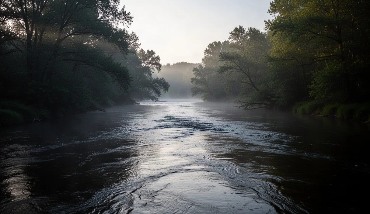 Escena oscura del río Ebro rodeado por árboles