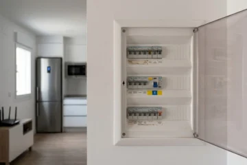 Cuadro eléctrico doméstico abierto en primer plano.