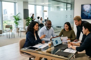 Equipo multicultural en una formación de idiomas para empresas